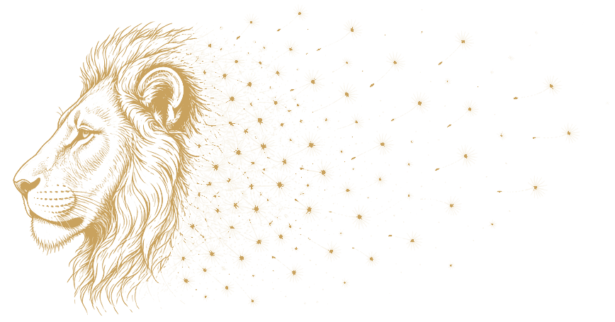 Danthelion logo: a lion in profile drawn in gold line, with white dandelion seeds tipped in gold drifting away on the wind.